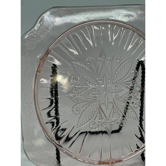 VTG Jeannette Glass Co. Adam Pink Footed Cake Plate Depression Floral Etching - Picture 4 of 9